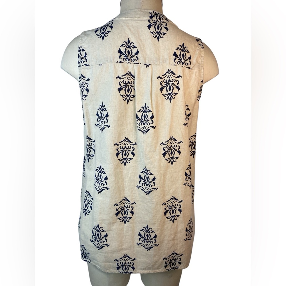 Artisan NY Linen Blend Sleeveless Cream Top with Blue Pattern Women’s Large - Picture 2 of 4